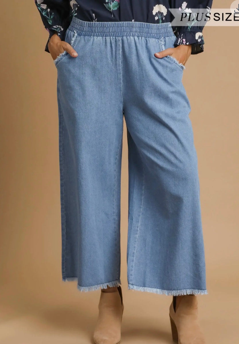 PLUS Light Wash Denim Pants w/ Fringe Hem – Grace At Home Treasures