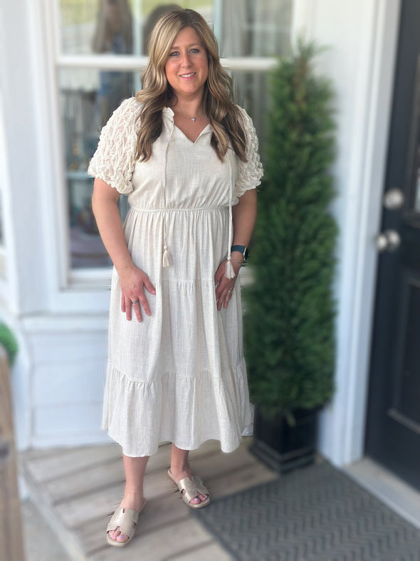 Oatmeal Linen Puff Sleeve Midi Dress