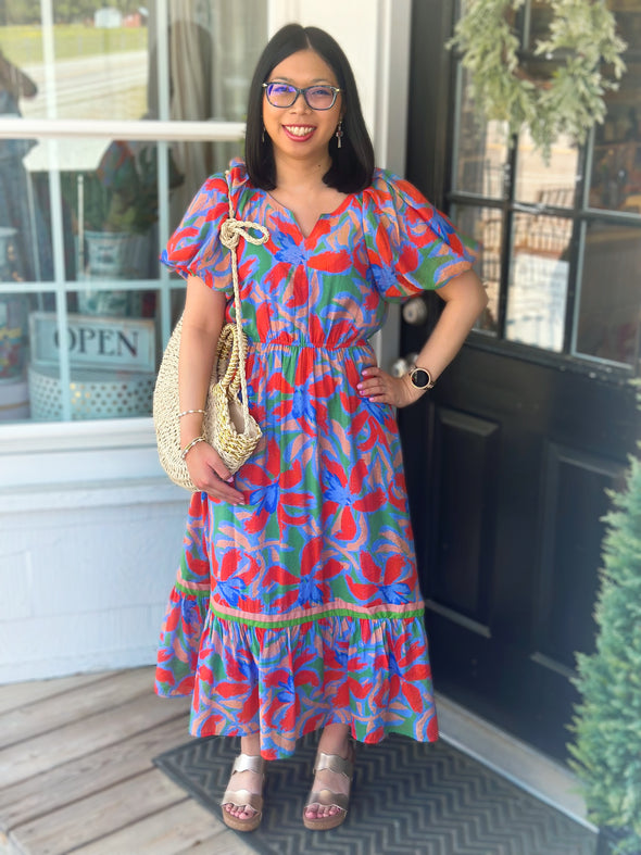 Blue Mix Puff Sleeve Maxi Dress