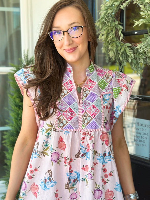 Pink Patchwork Garden Midi Dress