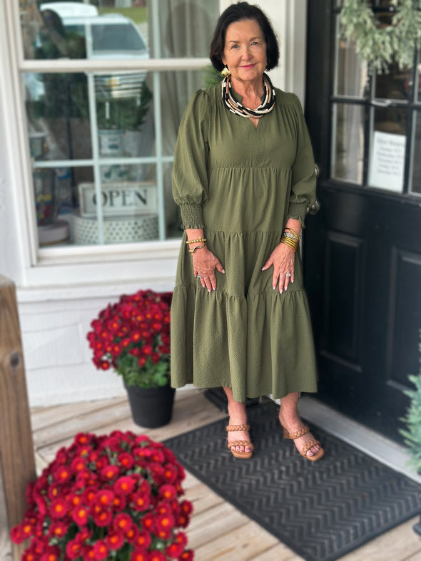 Olive Textured Tiered Midi Dress