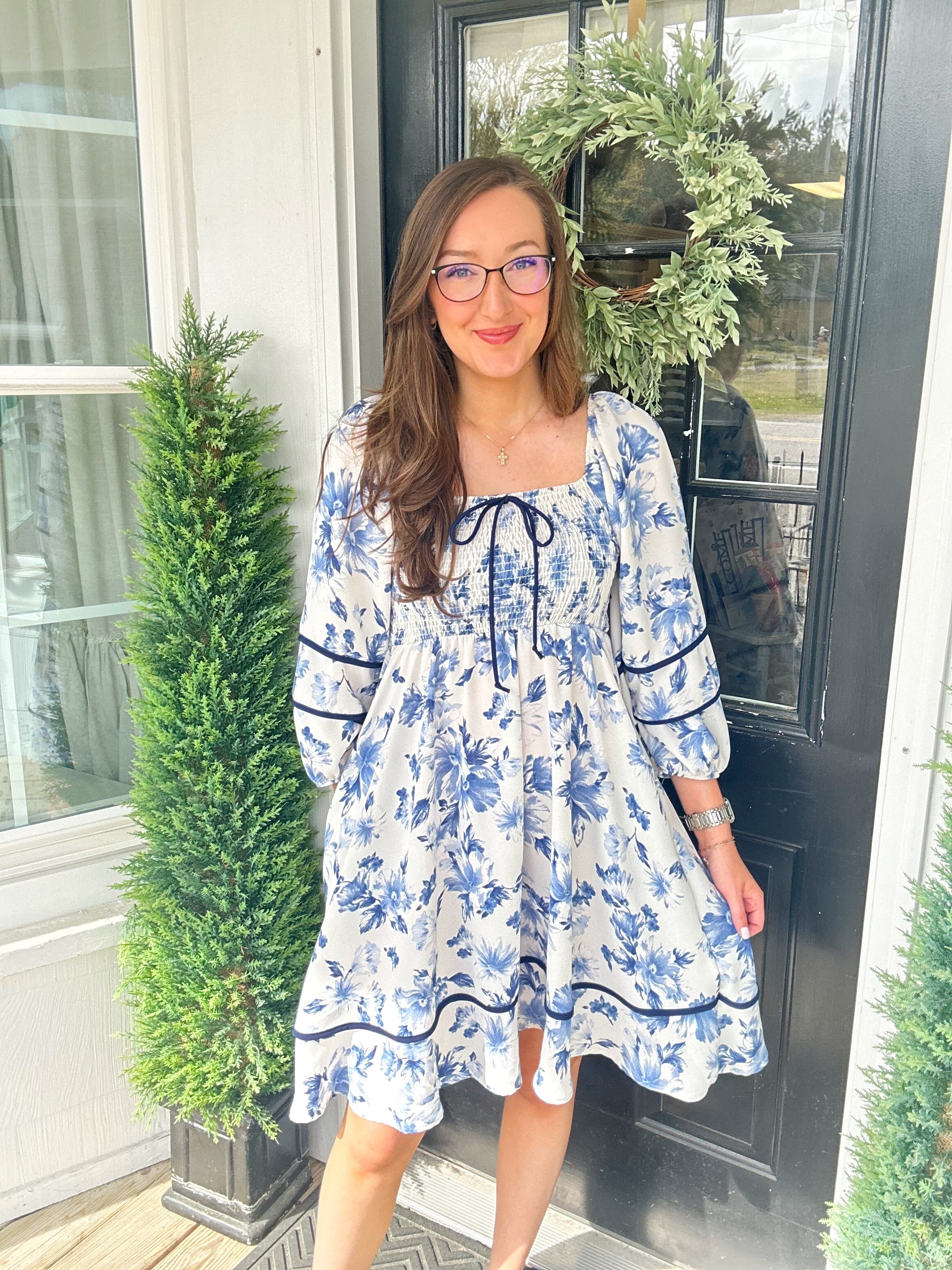 Blue and White Square Neck Navy Contrast Knee Length Dress Grace At Home Treasures Blue and White Square Neck Navy Contrast Knee Length Dress Grace At Home Treasures