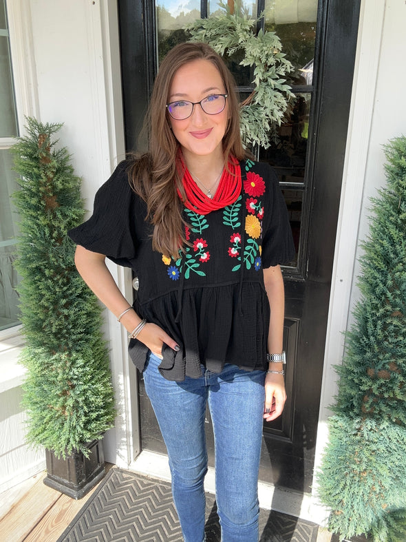 Black Embroidered BabyDoll Top
