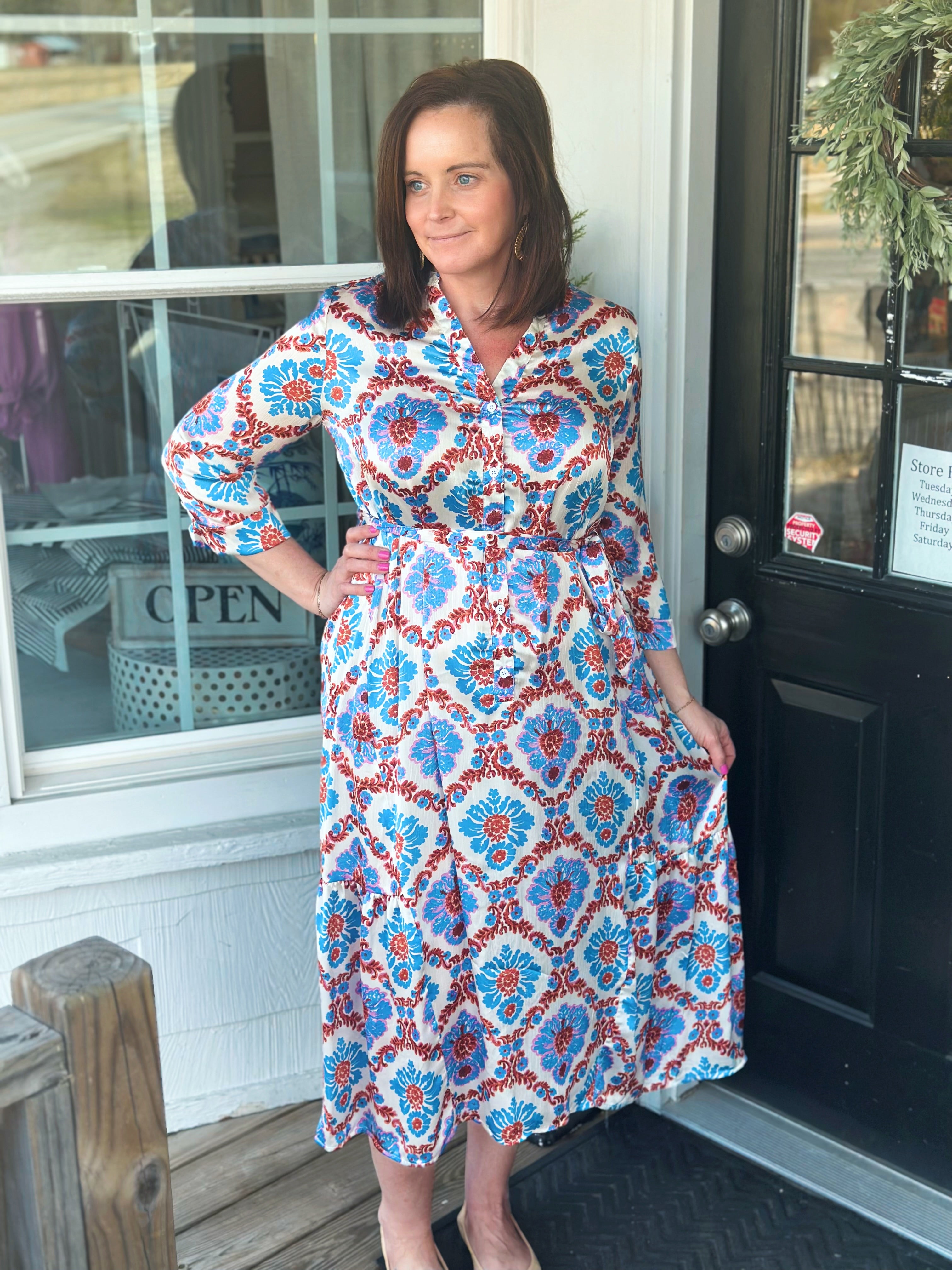 Blue and Orange Floral Tie Waist Midi Dress - Blue and Orange Floral Tie Waist Midi Dress -