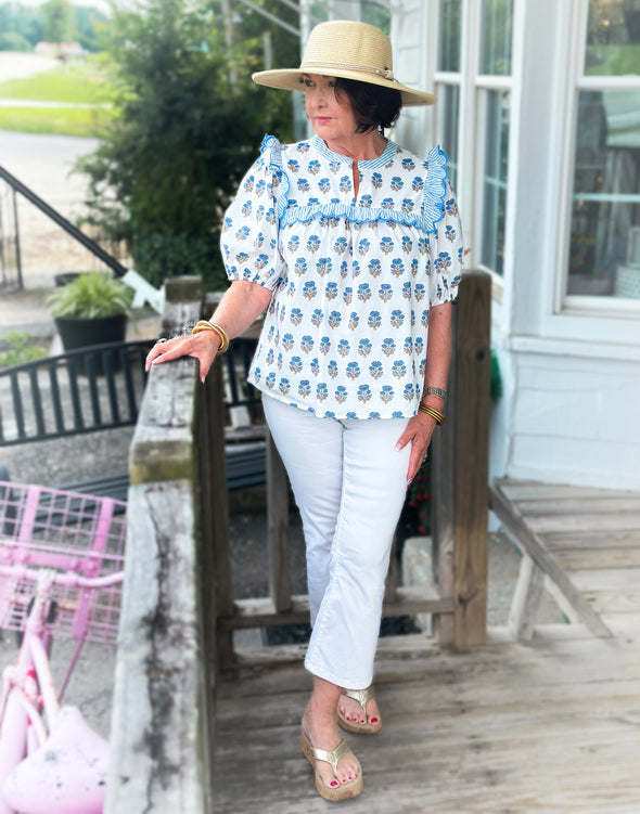 Blue Mix Floral Puff Sleeve Top