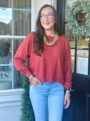 Heather Rust Front Seam Round Neck Sweater
