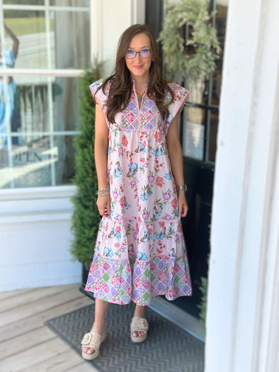Pink Patchwork Garden Midi Dress