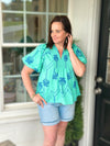 Mint Boho Blouse w/ Cobalt Palm Tree Embroidery