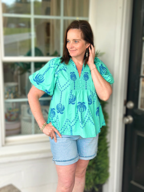 Mint Boho Blouse w/ Cobalt Palm Tree Embroidery