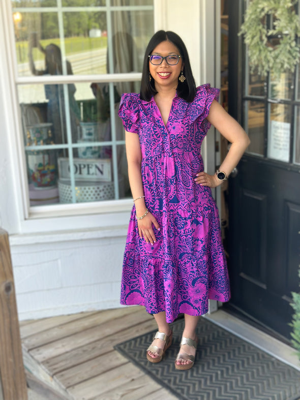 Pink and Navy Collared Midi Dress
