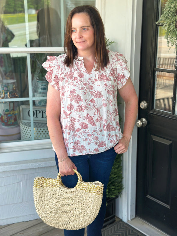 Rose Clay Floral Ruffle Sleeve Top