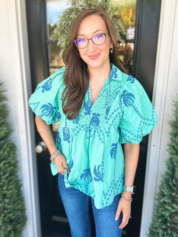 Mint Boho Blouse w/ Cobalt Palm Tree Embroidery