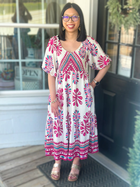 Berry Smocked Top Tiered Midi Dress