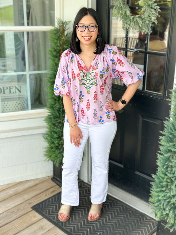 Lilac Floral Puff Sleeve Top w/ Scallop Hem