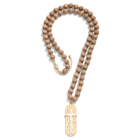 Brown Wood Beaded Necklace With Hammered Cross Pendant