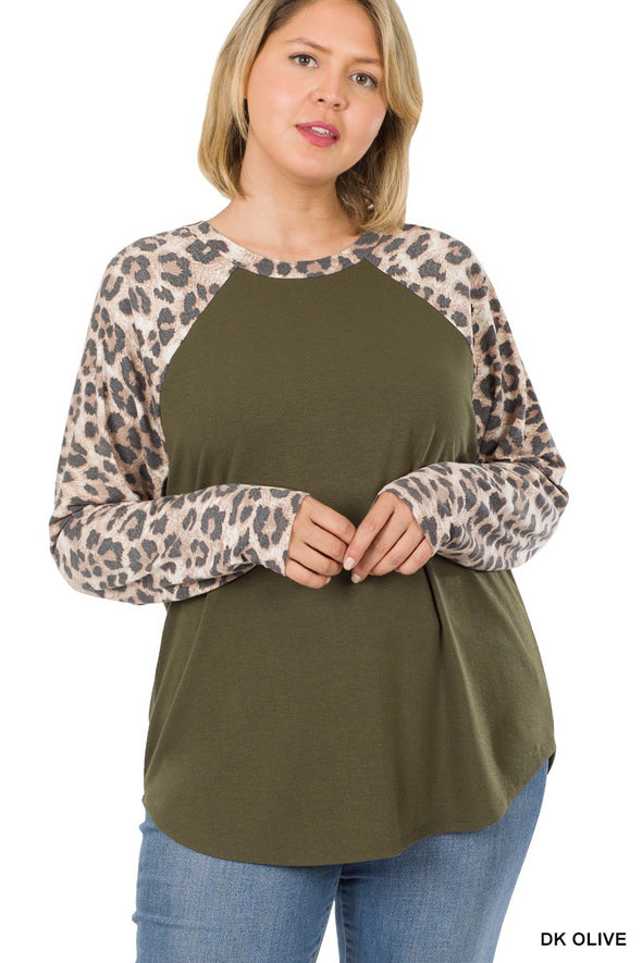 Plus Olive Leopard Raglan Top