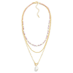 Pink and Pearl Triple Layer Necklace