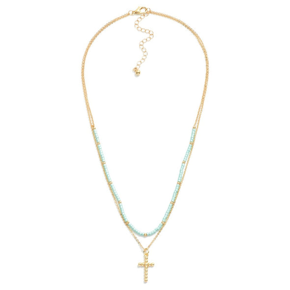 Layered Chain Beaded w/ Cross Necklace