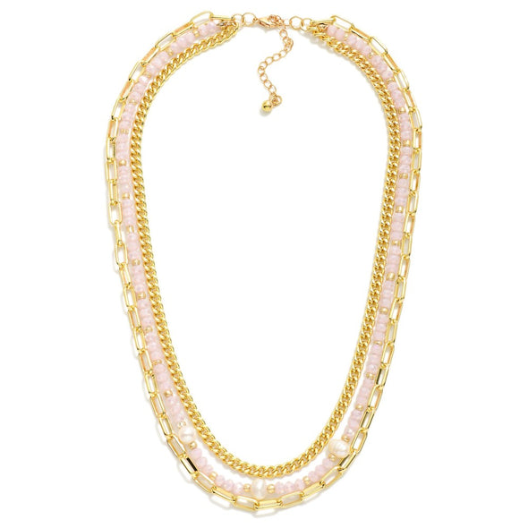 Pink Beaded and Peal Layered Chain Link Necklace