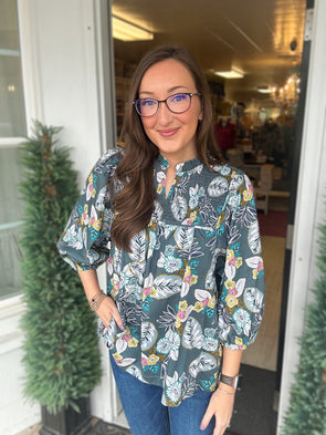 Teal Mix Floral Smocked Blouse