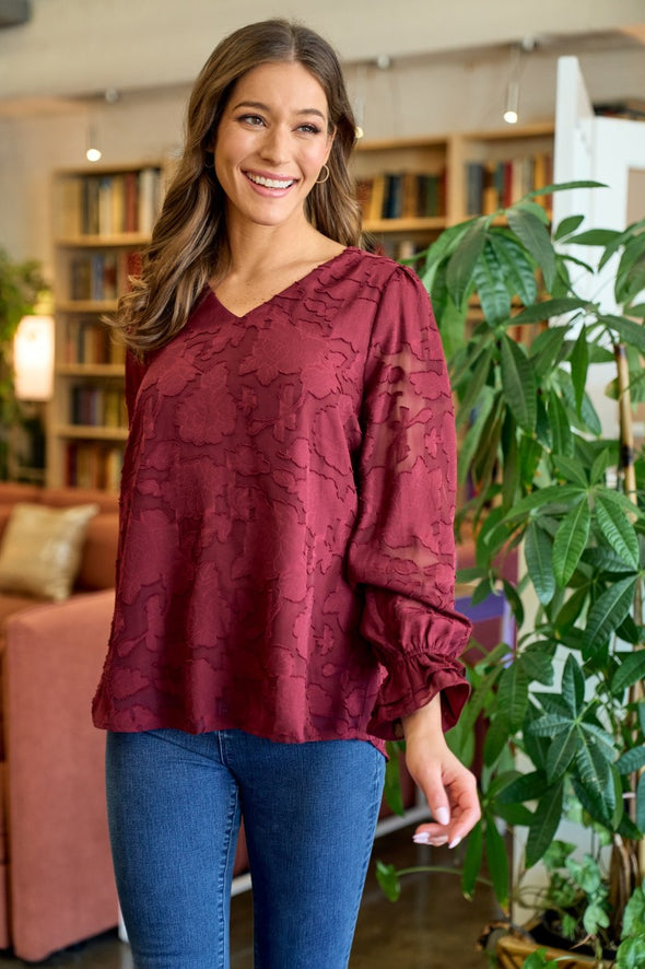 Burgundy Chiffon Flower Top