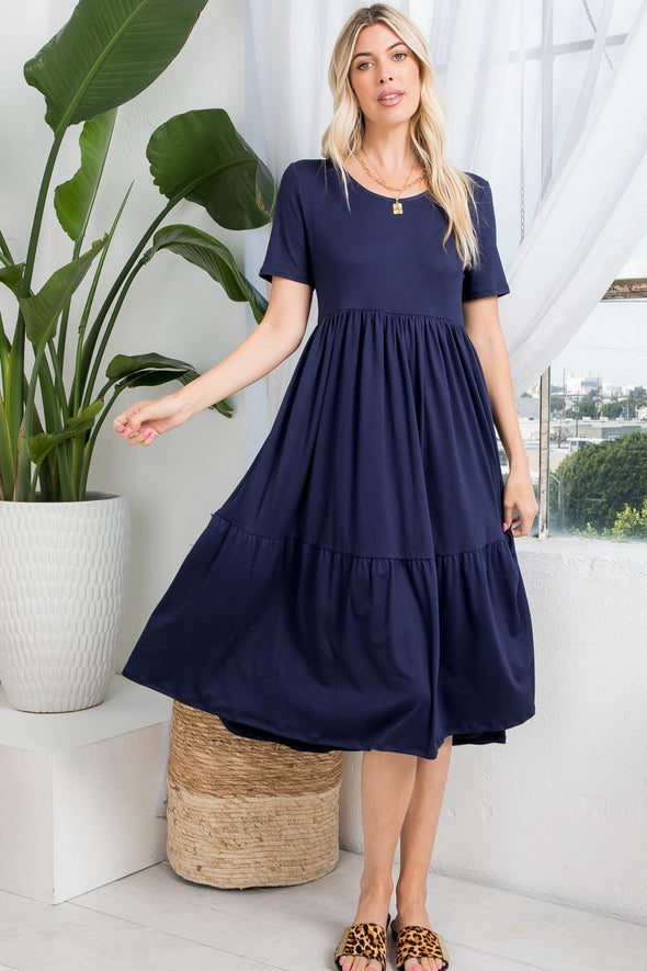 Navy Tiered Midi Dress S-3X