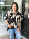 Black Peony Print High Neck Top