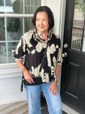 Black Peony Print High Neck Top