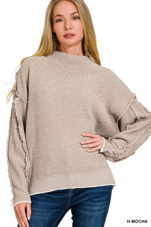 H Mocha Oversized Mock Neck Raw Seam Chenille Sweater