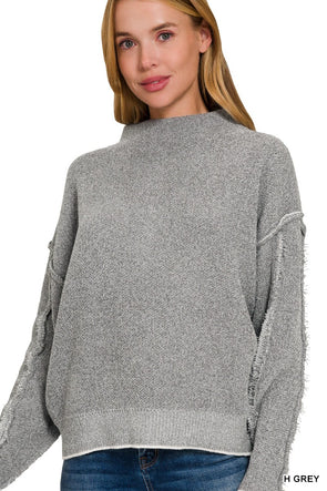 H Grey Oversized Mock Neck Raw Seam Chenille Sweater