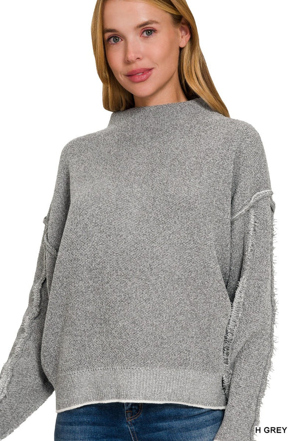 H Grey Oversized Mock Neck Raw Seam Chenille Sweater