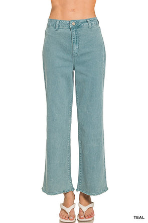 Zenana Teal Acid Wash Straight Wide Pants
