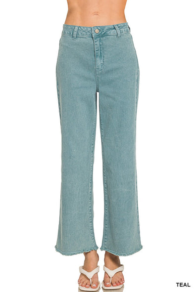 Zenana Teal Acid Wash Straight Wide Pants