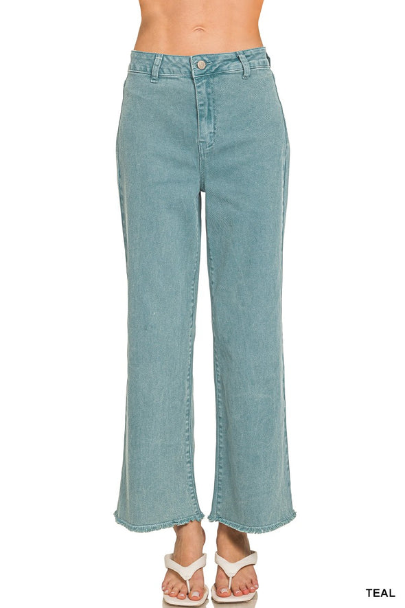 Zenana Teal Acid Wash Straight Wide Pants