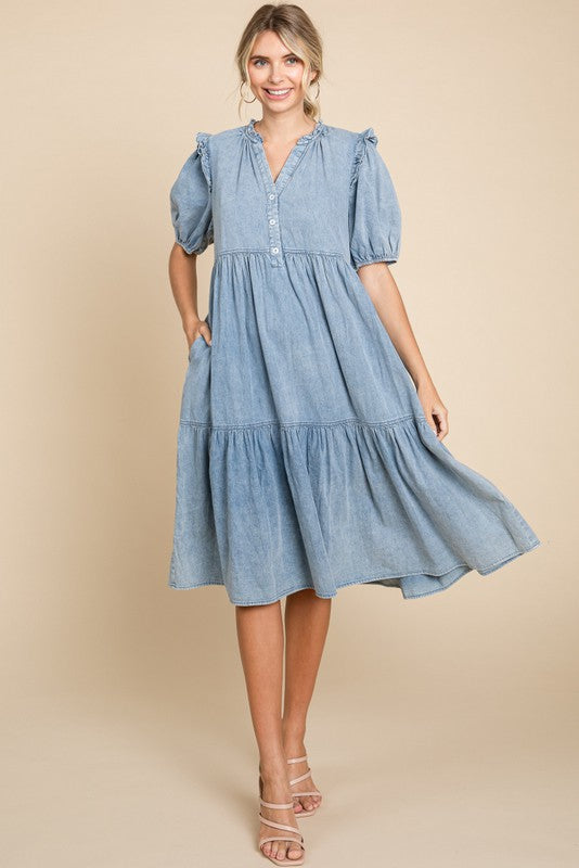 Chambray Ruffle Midi Dress
