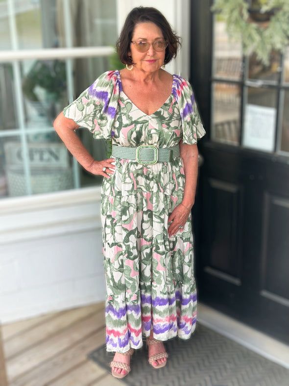 Green Mix Smock Waist Midi Dress