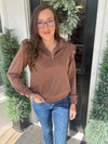 Mocha Luxeknit Ruffle Shoulder Quarter-Zip Pullover