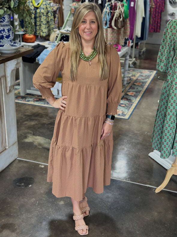 Mocha Textured Tiered Midi Dress
