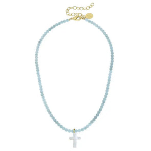 Light Blue Alys Pearl Cross Necklace