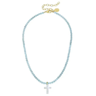 Light Blue Alys Pearl Cross Necklace