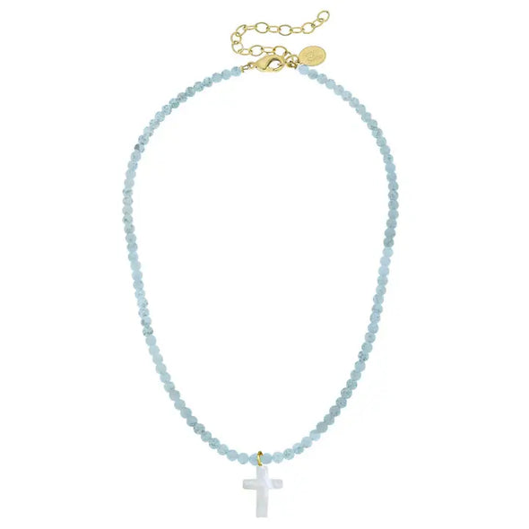 Light Blue Alys Pearl Cross Necklace