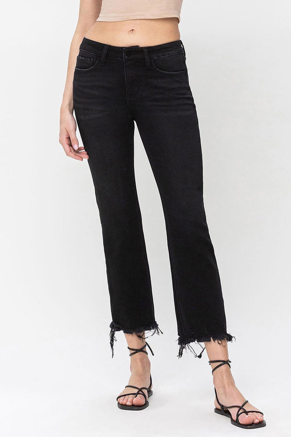 Mid Rise Distressed Hem Crop Flare Jeans