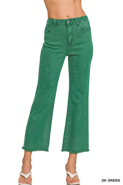 Zenana DK Green Acid Washed High Waist Frayed Hem Bootcut Pants