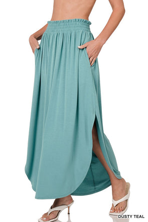 Dusty Teal Smocked Waist Side Slit Maxi Skirt With Pockets
