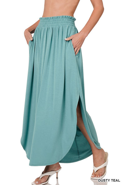 Dusty Teal Smocked Waist Side Slit Maxi Skirt With Pockets