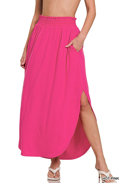 Hot Pink Smocked Waist Side Slit Maxi Skirt With Pockets