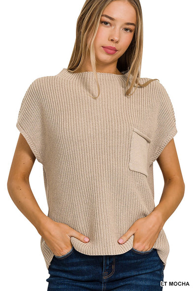 Lt Mocha Mock Neck Short Sleeve Sweater