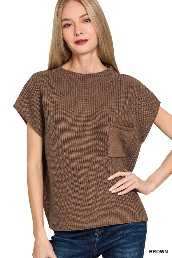 Brown Mock Neck Short Sleeve Sweater