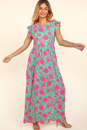 Pink and Green Flutter Sleeve Maxi
