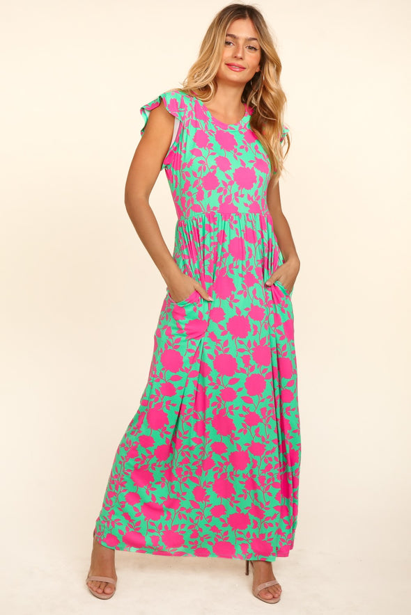Pink and Green Flutter Sleeve Maxi